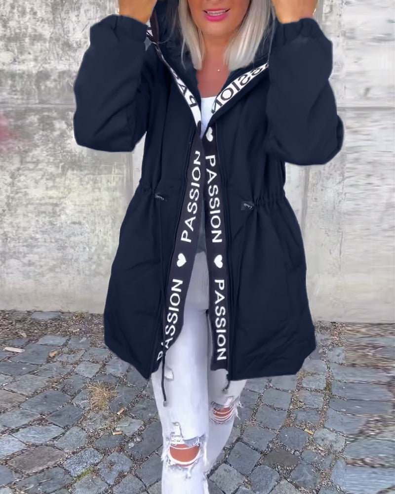 Casual coat with hood and drawstring in letter pattern