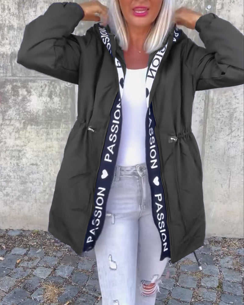 Casual coat with hood and drawstring in letter pattern