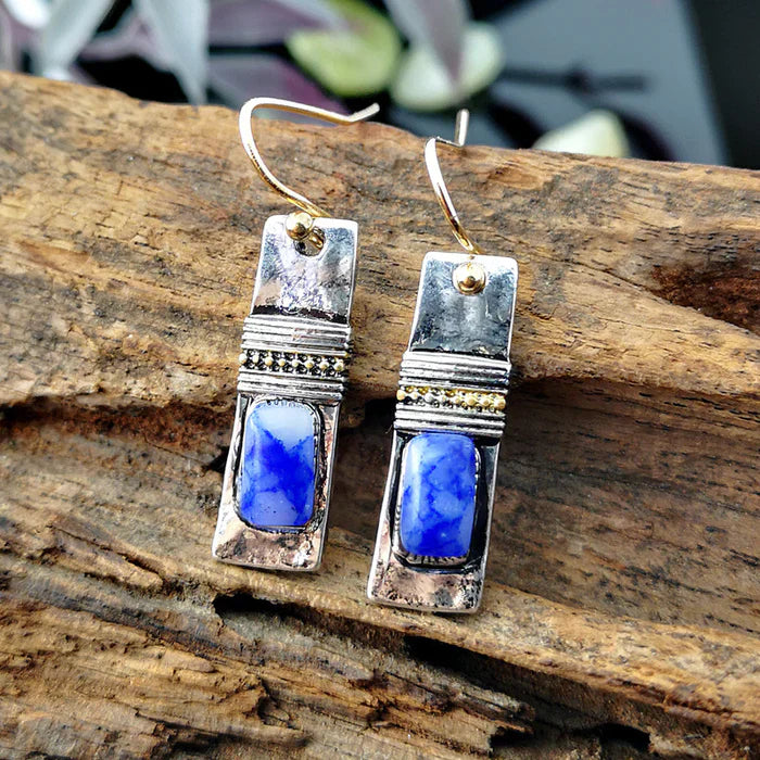 Vintage Rectangular Blue Silver Earrings