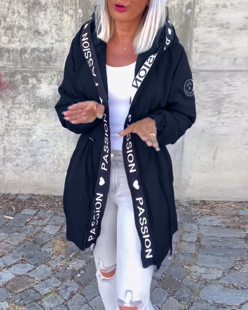 Casual coat with hood and drawstring in letter pattern