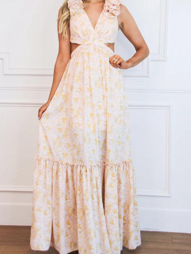 3D Flower Decorated Tie-Back Maxi Dress