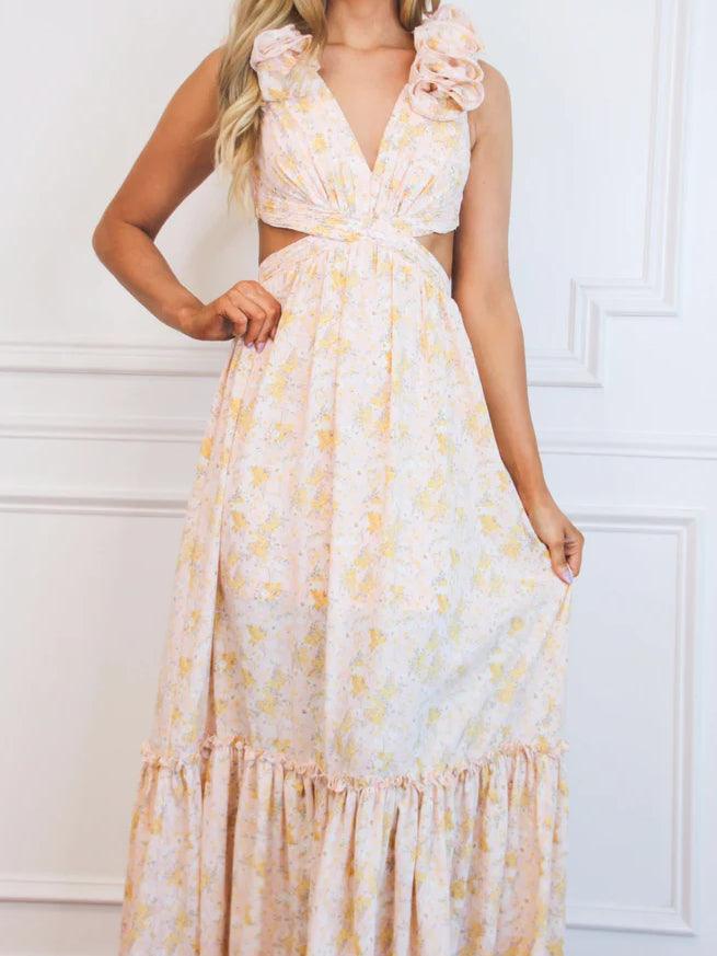 3D Flower Decorated Tie-Back Maxi Dress
