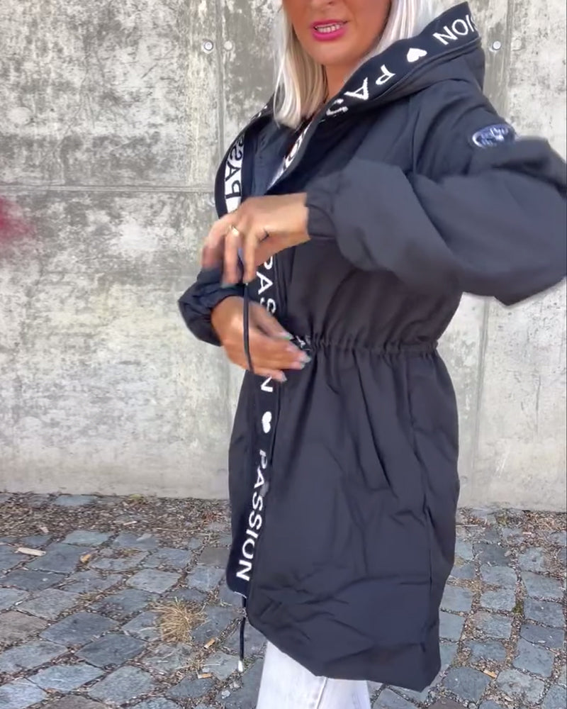 Casual coat with hood and drawstring in letter pattern