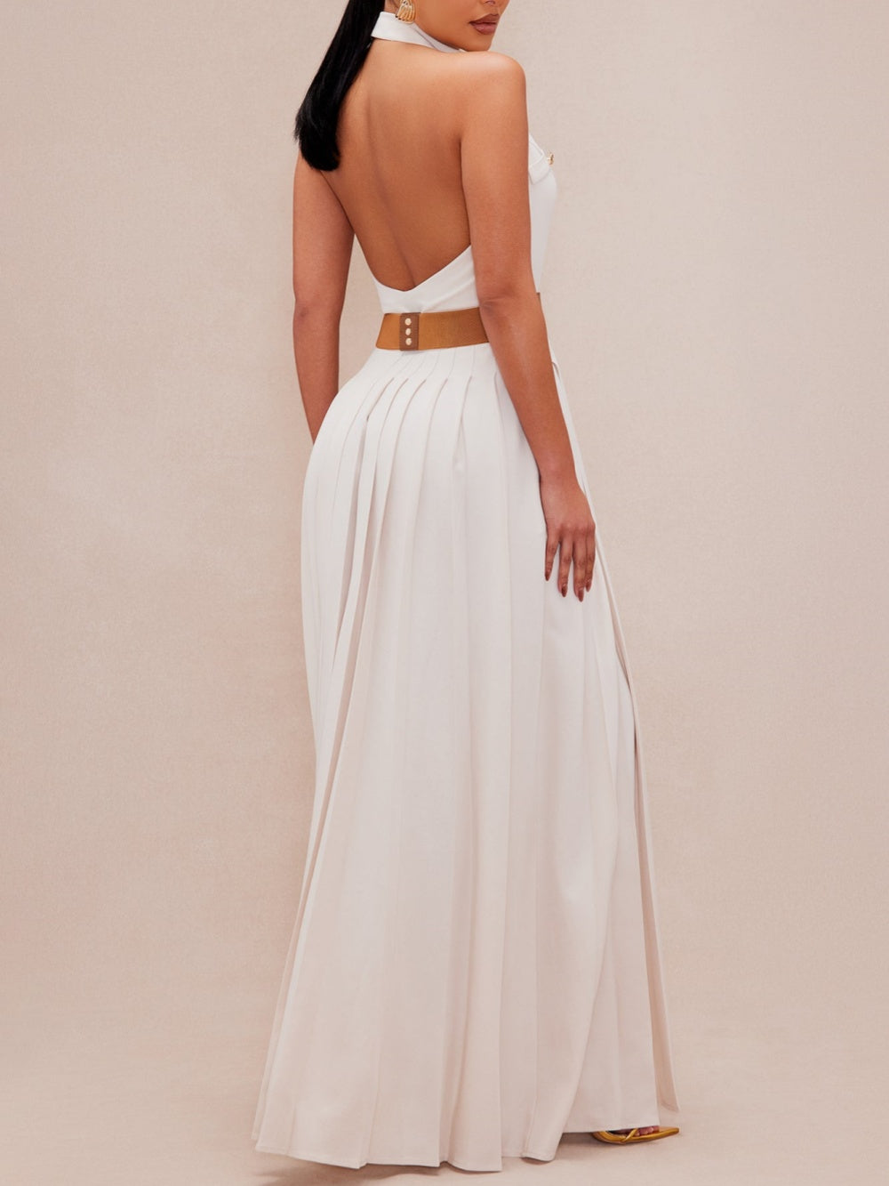 Beige Button Pleated Dress