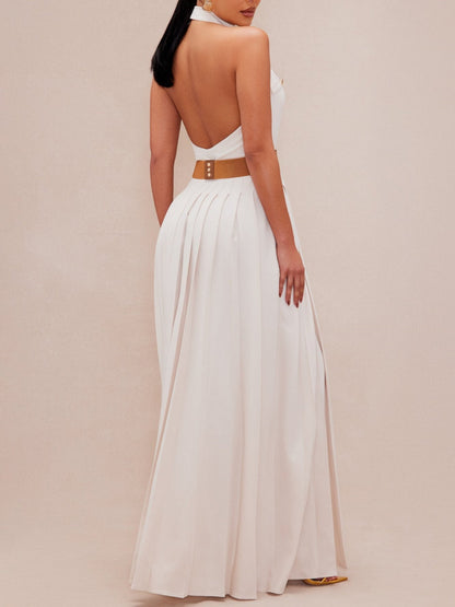 Beige Button Pleated Dress