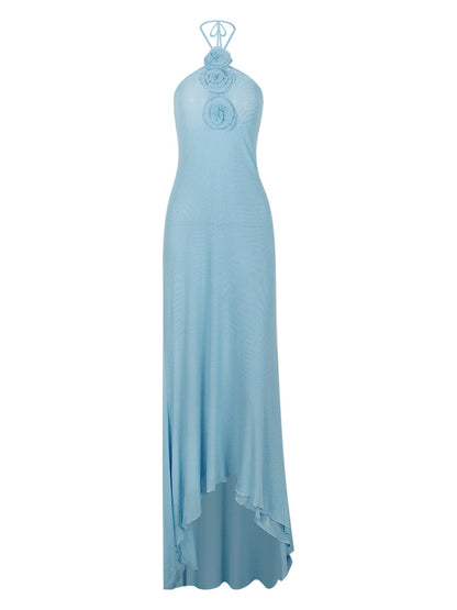 Mesh halterneck floral backless maxi dress