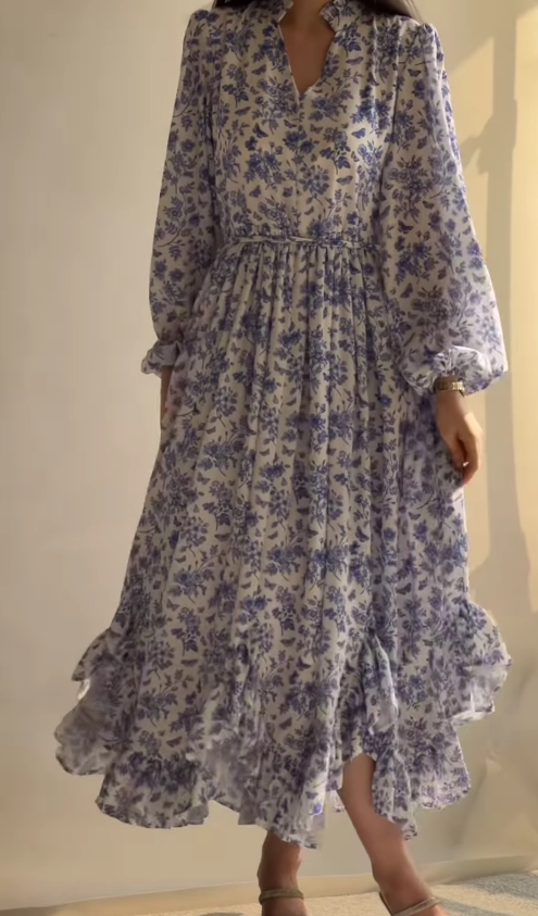 V-neck blue floral loose dress