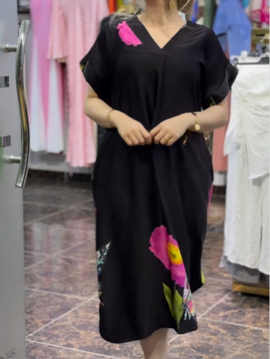 V-neck short sleeve partial print midi dress