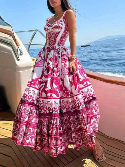 Printed Shirred Strap Maxi Dress