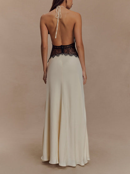 Deep V silk satin maxi dress with halterneck