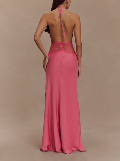Deep V silk satin maxi dress with halterneck