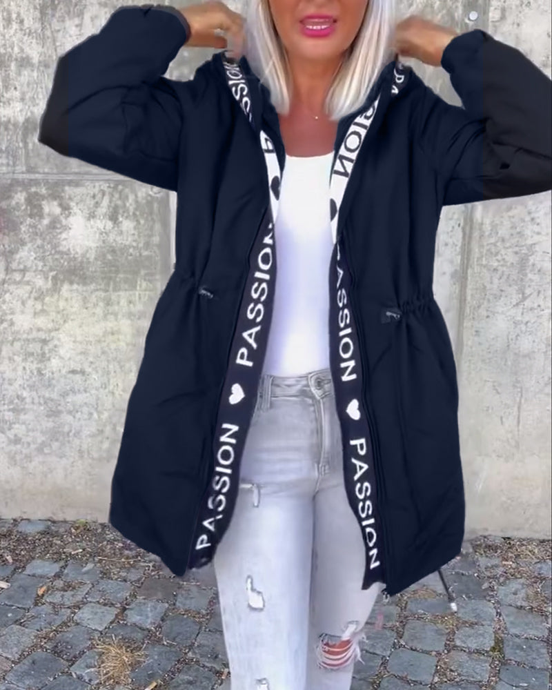 Casual coat with hood and drawstring in letter pattern