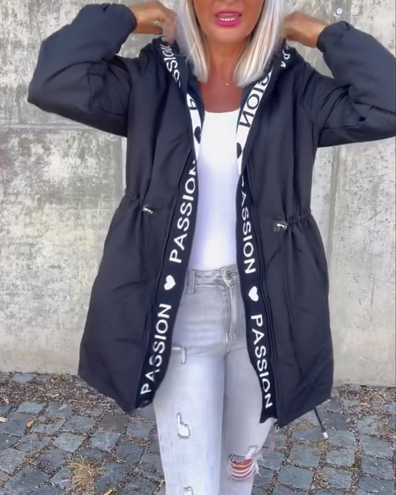 Casual coat with hood and drawstring in letter pattern