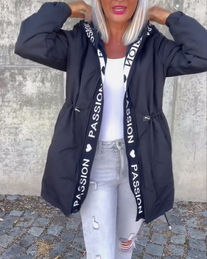 Casual coat with hood and drawstring in letter pattern