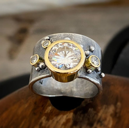 Vintage Silver Forged Gold Zirconia Ring