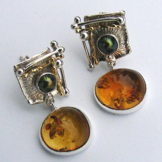 Vintage Orange Rounded Glass Silver Earrings