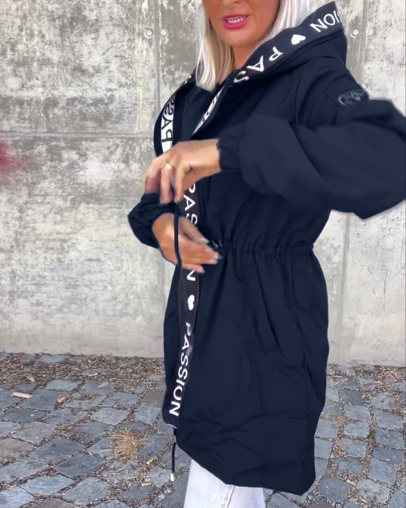 Casual coat with hood and drawstring in letter pattern