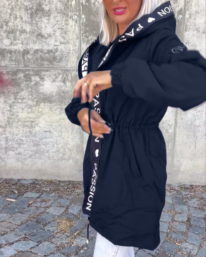 Casual coat with hood and drawstring in letter pattern