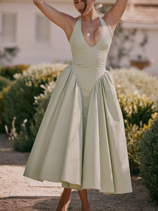 Deep V halter neck A-line midi dress