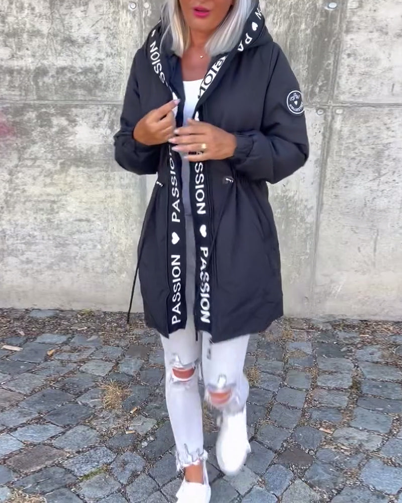 Casual coat with hood and drawstring in letter pattern