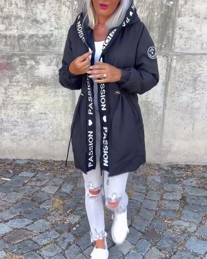 Casual coat with hood and drawstring in letter pattern