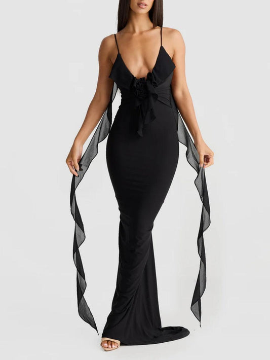 Rose-patterned ruffled lace maxi dress