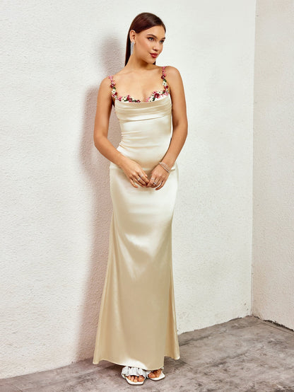 Embellished Strap Tie Back Satin Bodycon Dress