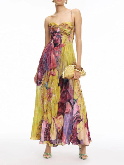 Painted Print Pleated Maxi Dress