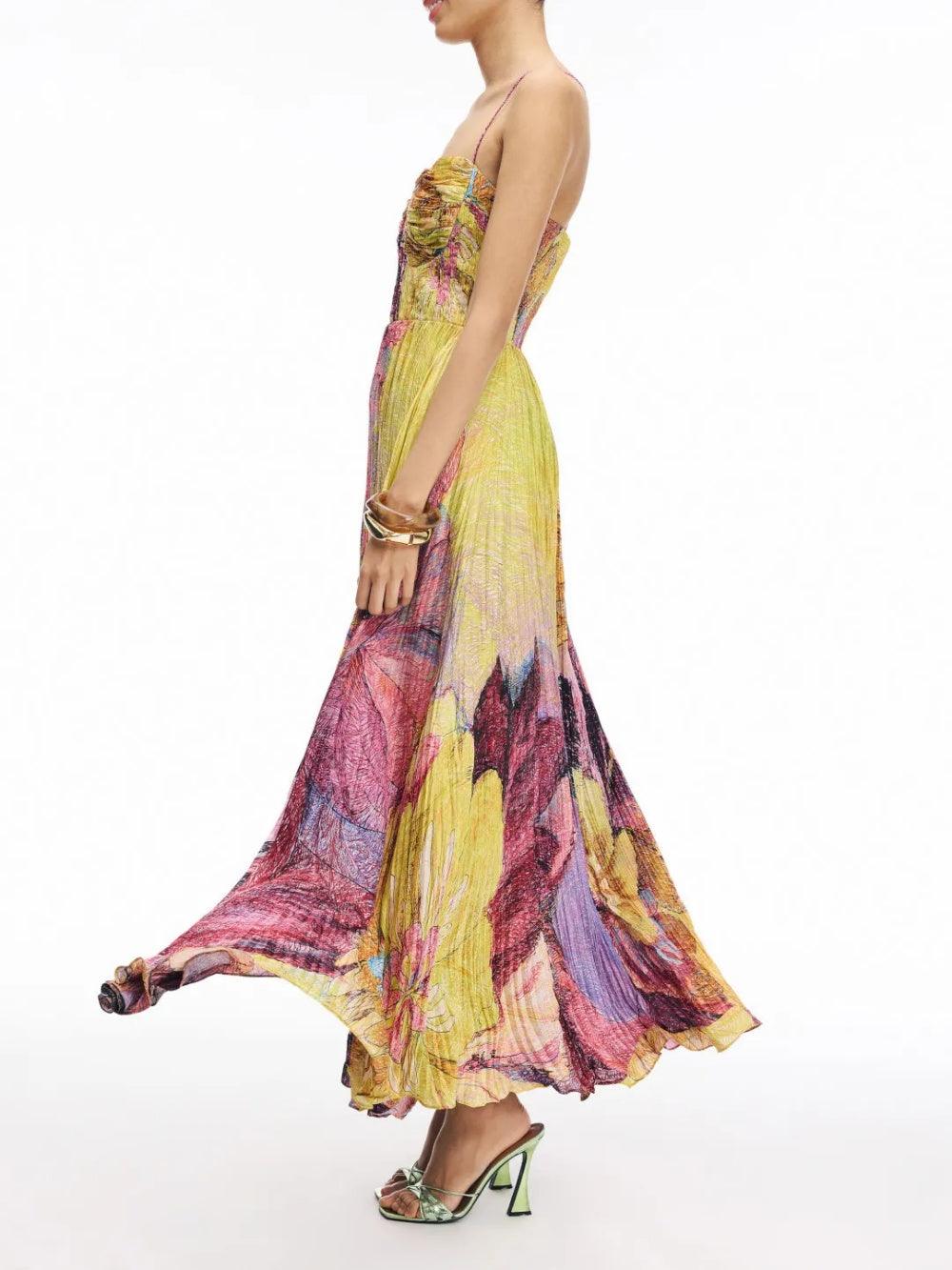 Painted Print Pleated Maxi Dress