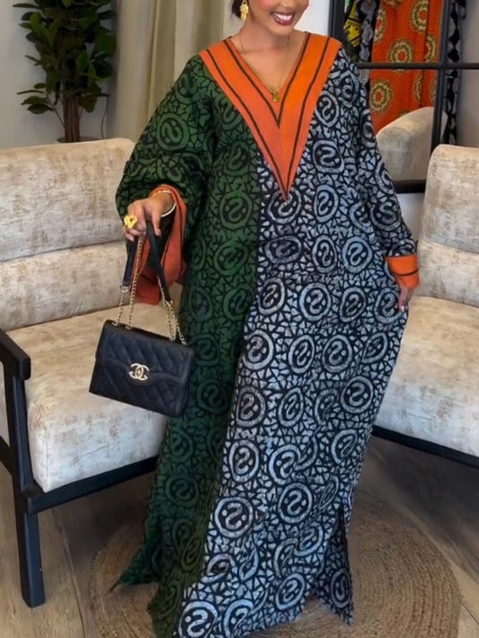 Color Block Print V Neck Tunic Maxi Dress