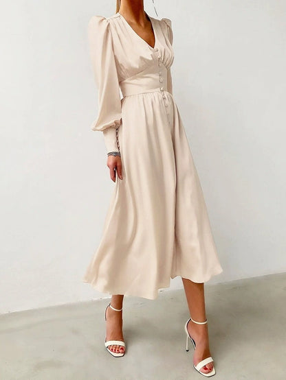 Satin Solid Balloon Sleeve V Neck Midi Dress