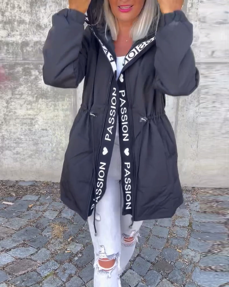 Casual coat with hood and drawstring in letter pattern