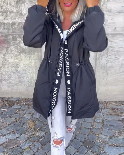 Casual coat with hood and drawstring in letter pattern