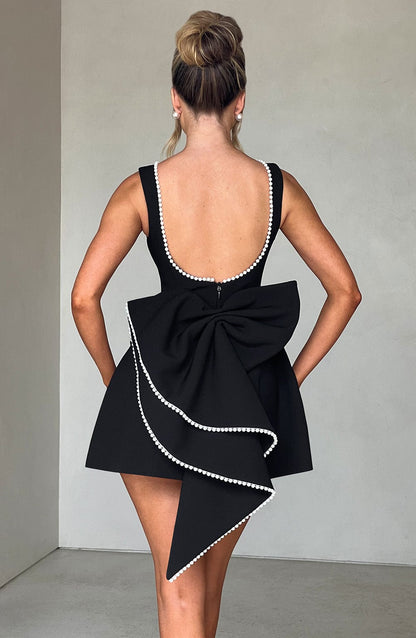 Hollis - Elegant Pearl Bow Mini Dress