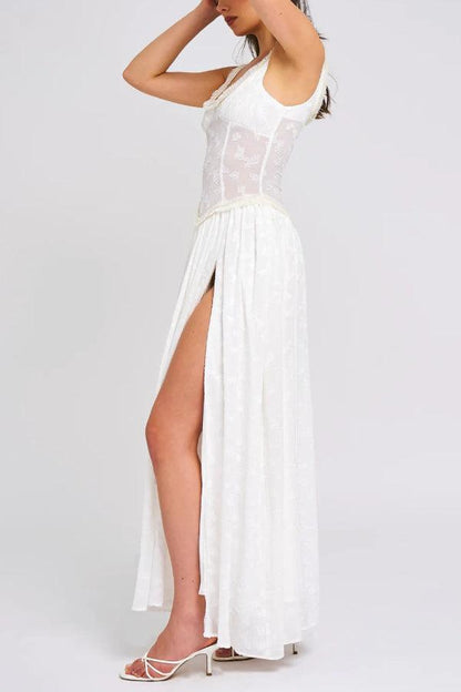 Light Green Square Neck Jacquard Textured High Slit Maxi Dress