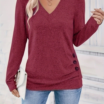 Elise | Elegant V-neck T-shirt with Long Sleeves and Button Detail