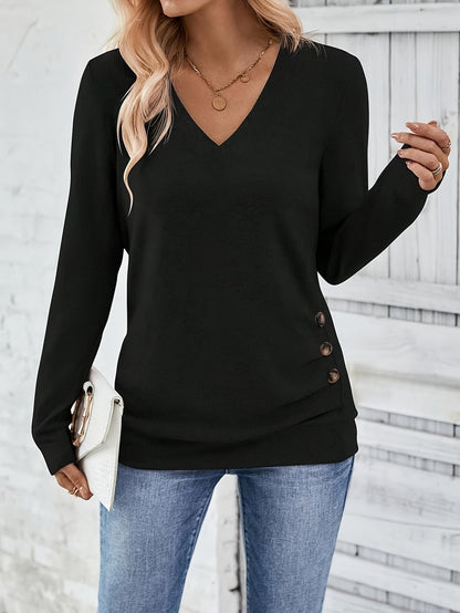 Elise | Elegant V-neck T-shirt with Long Sleeves and Button Detail