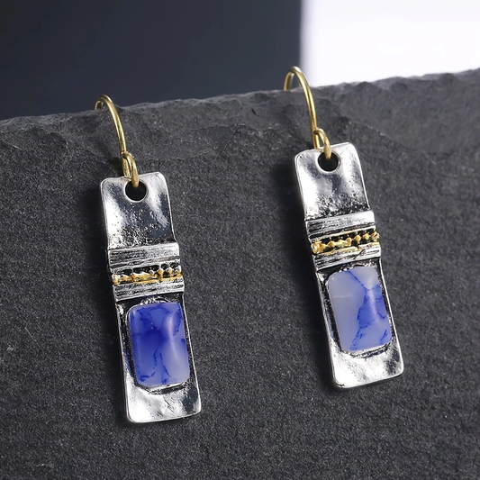 Vintage Rectangular Blue Silver Earrings