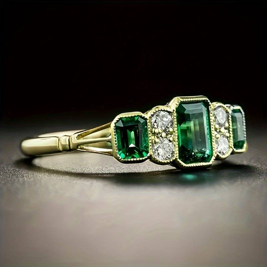 Vintage Green Glass & Zirconia Gold Ring
