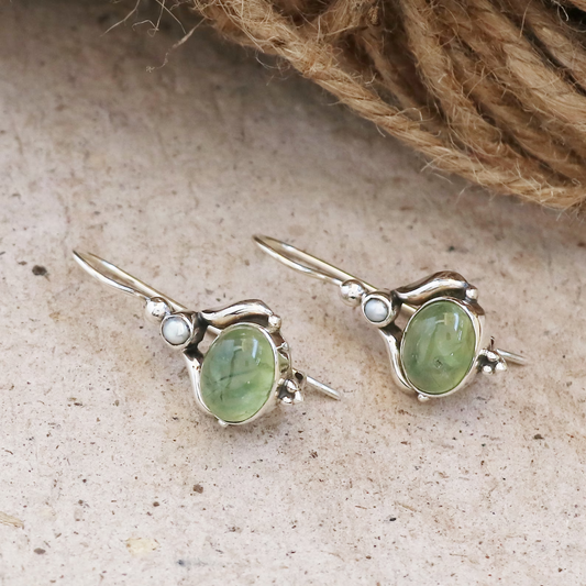 VIntage Green Stone Pearl Silver Earrings