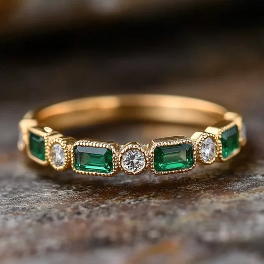 Vintage Inlaid Green White Glass Ring